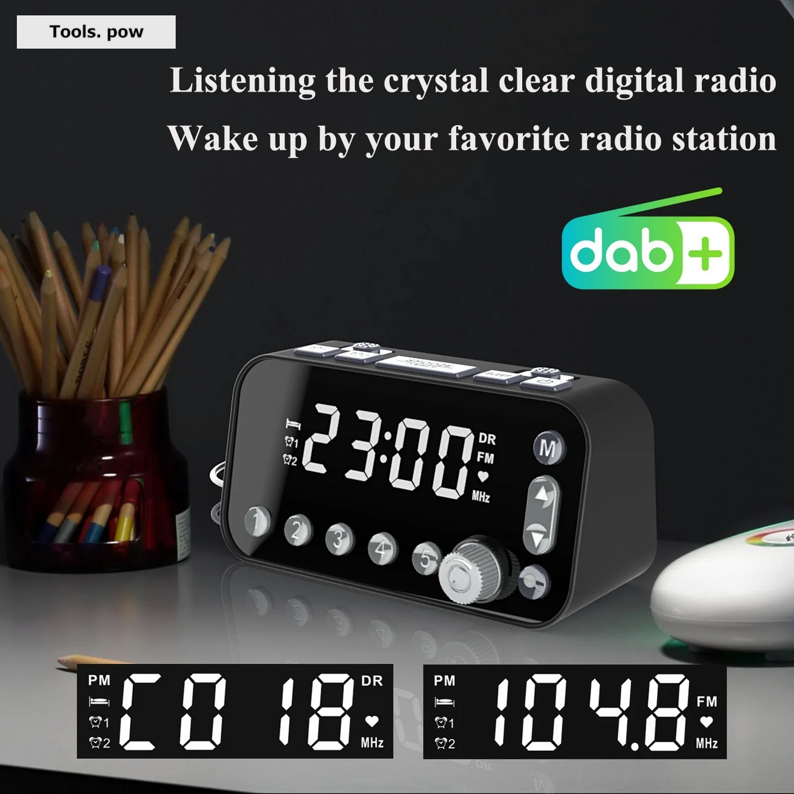 DAB FM Radio LED Digital Alarm Clock Snooze Brightness Adjustable Table Clock Bedside Wake Up Clocks Dual USB Rechargeable