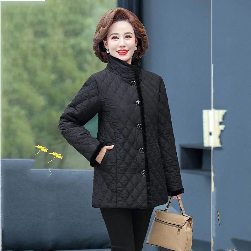 Winter New 2023 Add Velvet Keep Warm Ladies Jacket Stand-Up Collar Cotton Middle-Aged Mother Dress Thick Cotton Clothing