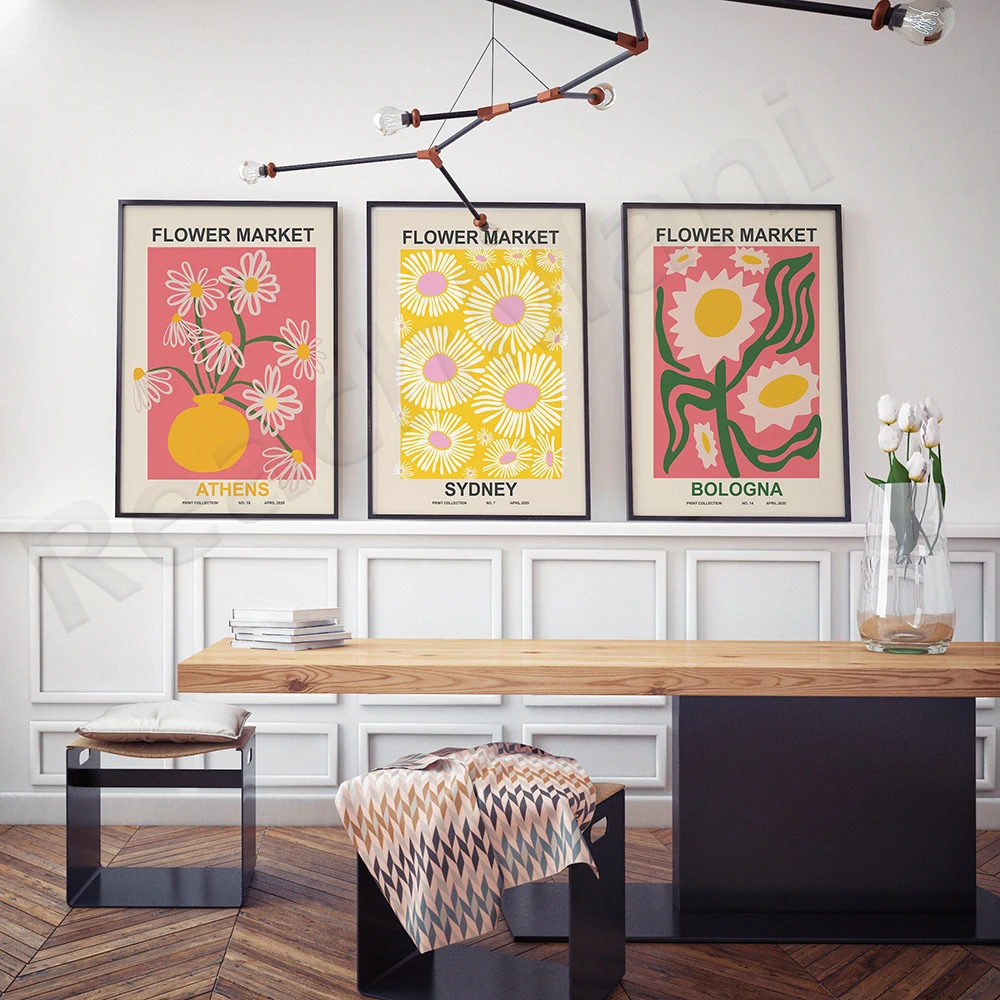 طباعة سوق الزهور، ملصق سوق الزهور، ديكور غرفة النوم، مجموعة ملصقات الزهور، المطبوعات الرقمية، الفن الوردي الأصفر، ديكور غرفة الفتيات