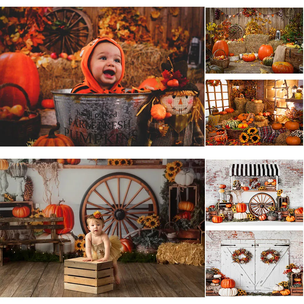 Autumn Pumpkins Cake Smash Photography Backdrops Sunflower Floral Chirldren 1st Birthday Photographic Studio Photo Backgrounds