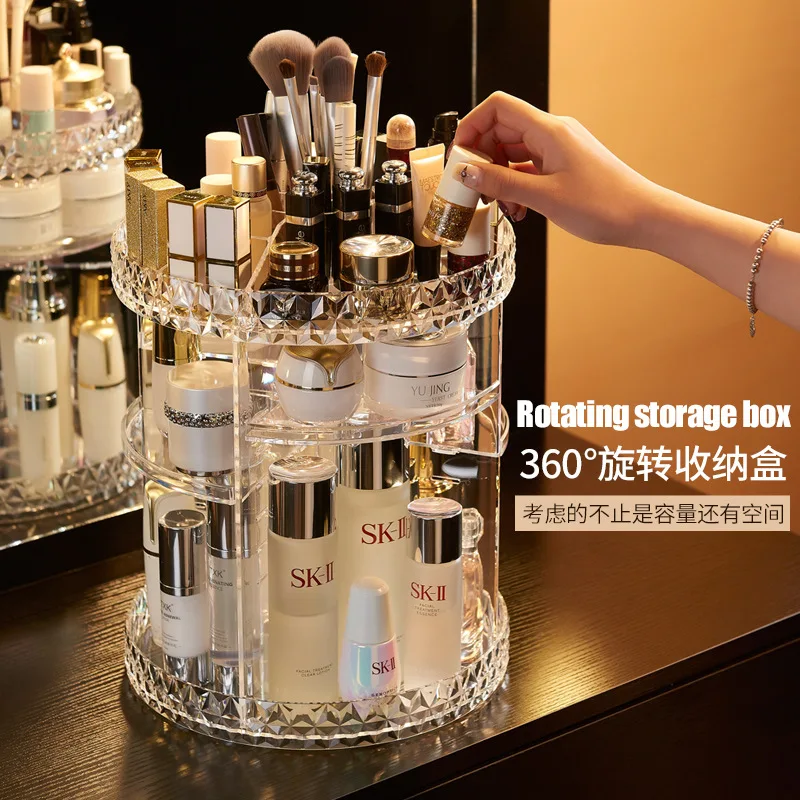 360 Rotating Makeup Organizer Cosmetic Storage Box Acrylic Makeup Brush Holder Lipstick Display Cases Large Capacity