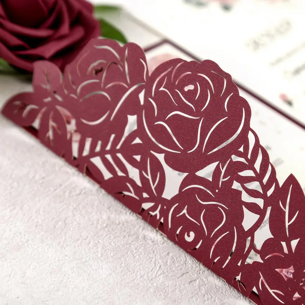 100pcs Burgundy Laser Cut Wedding invitations Customized Printing Cards for Wedding (5 Colors)