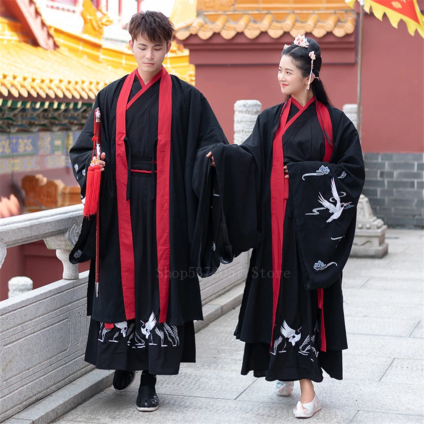 Chinese Traditionsl Dress Hanfu Women Men Crane Embroidered Top Coat Kimono Cardigan Couple Clothes Unisex Oriental Swordsman