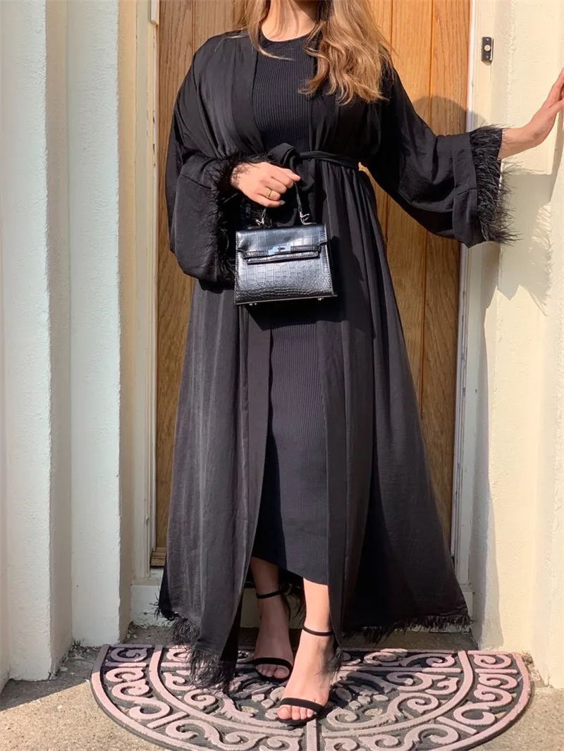 Maxi Dress Eid Djellaba Abaya Dubai Shiny Soft Silky Muslim Abaya Feather Stitching Muslim Dress Islam Abayas With Belt WY85