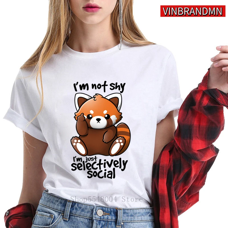 2019 New fashion summer Kawaii shy red panda T shirt women Funny selectively social T-shirt Girls Cute Racoon anti social Tshirt