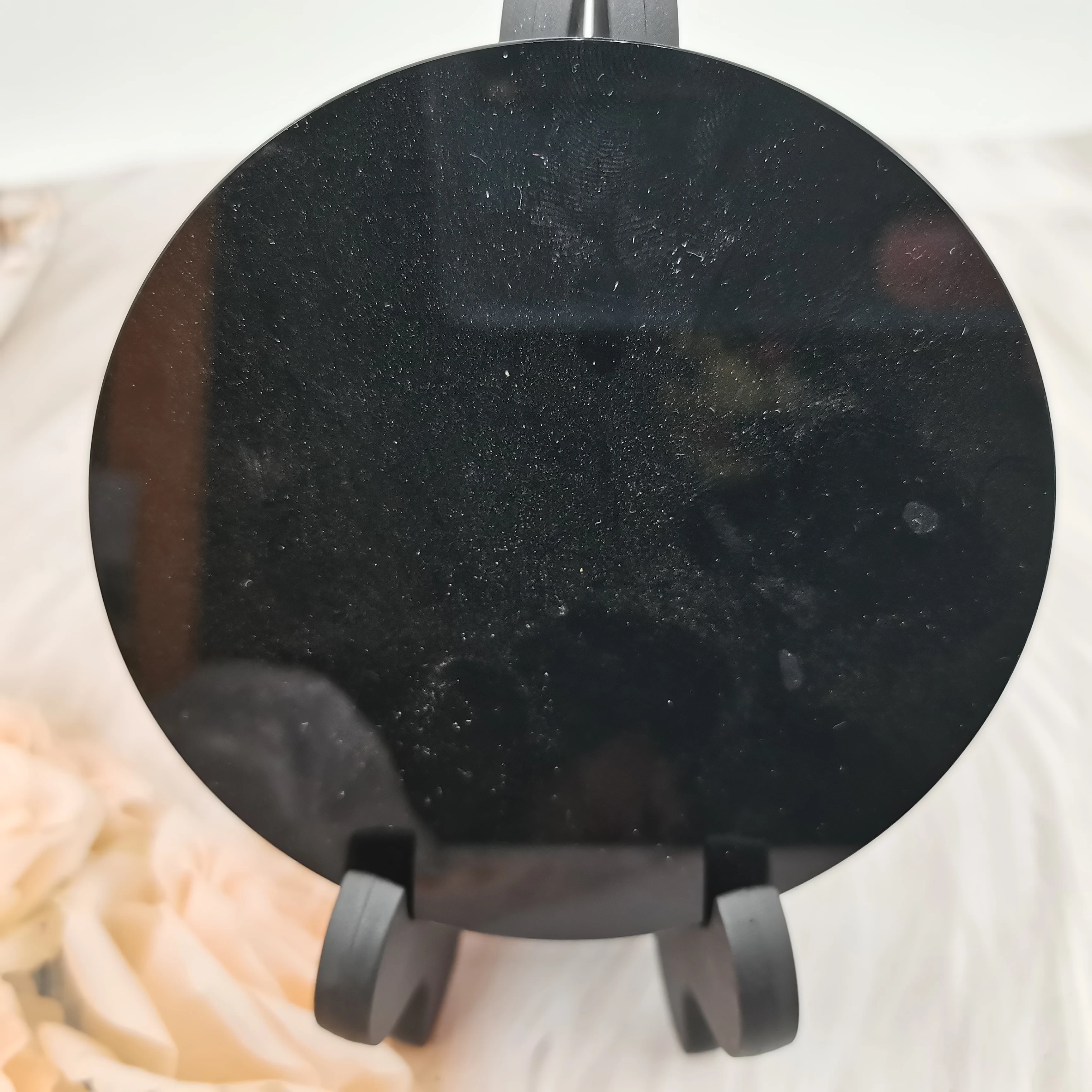 

20cm Natural Black Obsidian Stone Circle Disk Round Plate Fengshui Mirror For Home & Office Decor