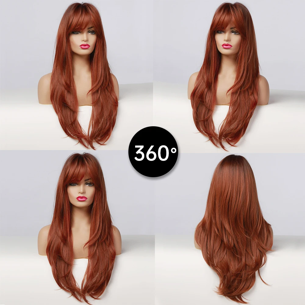 GEMMA Long Straight Ombre Black Orange Wine Red Wig with Bangs Synthetic Wigs for Women Heat Resistant Layered Cosplay Daily Wig