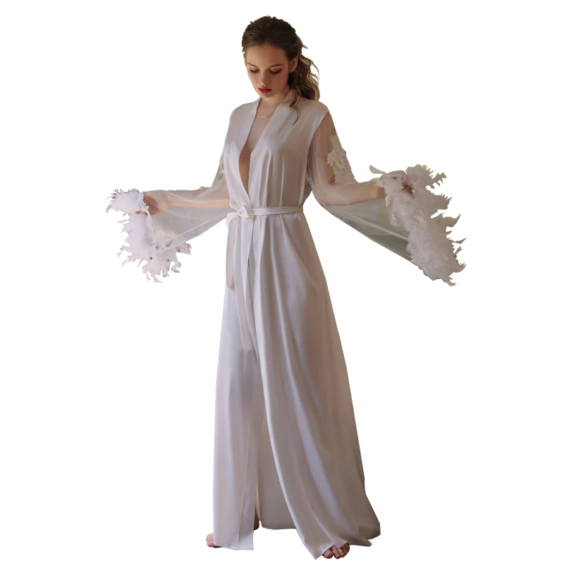 Womens Nightwear Sexy Long Lace Lingerie Bath Robe Gown Imitation Ice Silk Nightdress Floral Bathrobe Kimono Nightgown Wedding