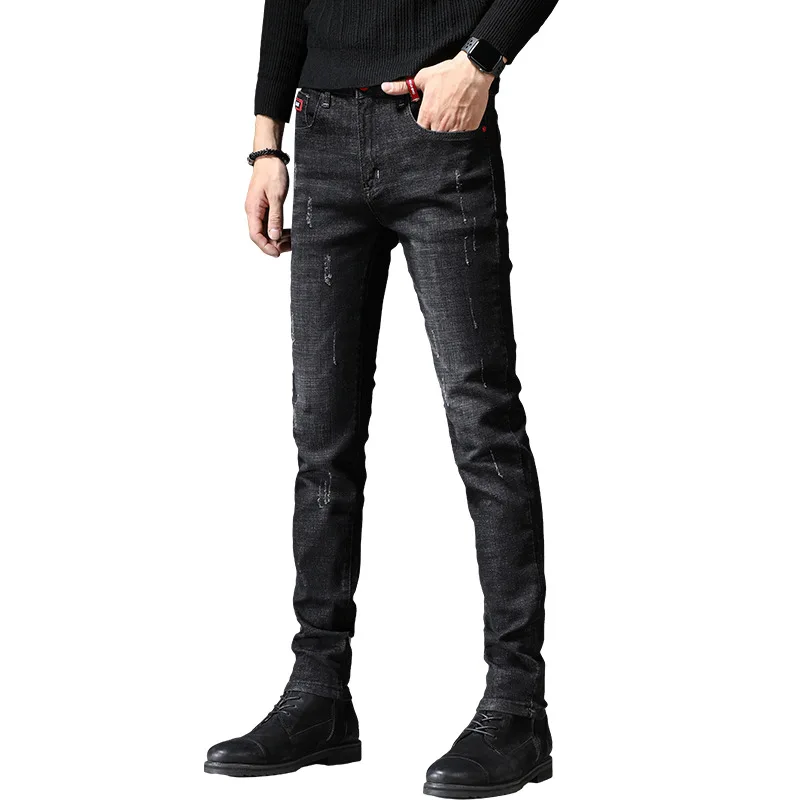 Calça feminina coreana Stretch Slim masculina, calça jeans reta longa, preta, na moda, primavera e outono