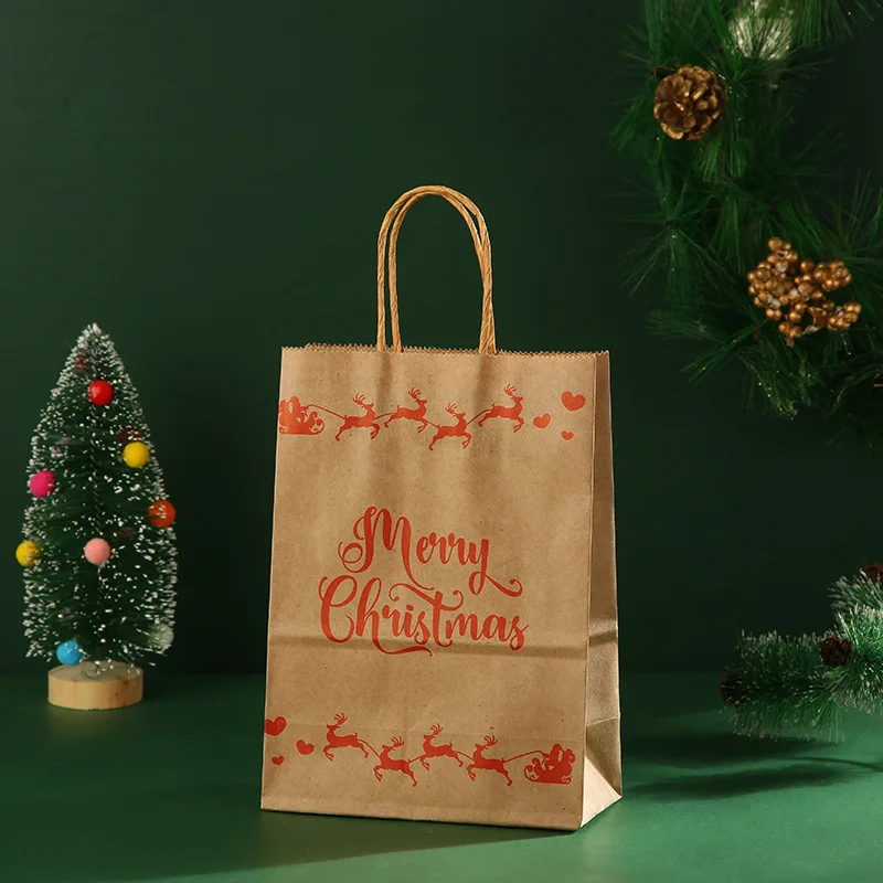 1-5Pcs Christmas Kraft Paper Bag Santa Claus New Year Party Gift Pakcaging Handle Bag Child Favors Cookies Snack Decoratio