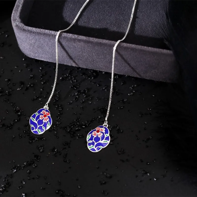 

Buyee 925 Sterling Silver Long Tassel Earring Blue Enamel Peony Flower Earring for Women Fashion Ethnic Fine Jewelry Earring