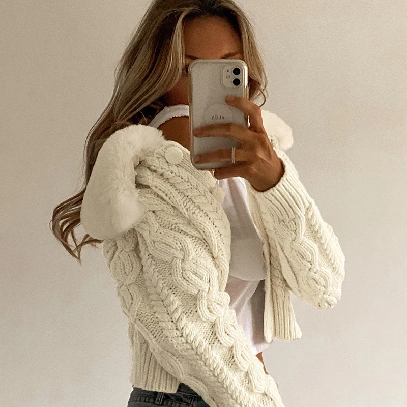 Casual Female Y2k Cropped Sweater White 2023 Spring Streetwear Fashion Woman Cardigan Sweaters with Fur Trim Collar Korean Style