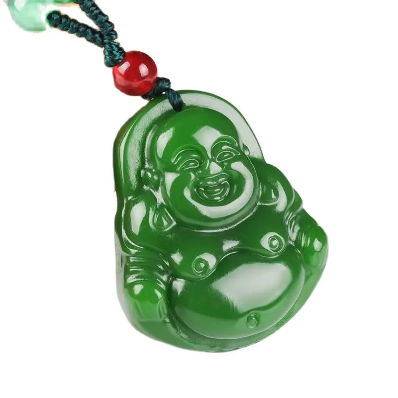 

Chinese Handmade Jasper Spinach Green Buddha Statue Jade Hanging Pendant Necklace