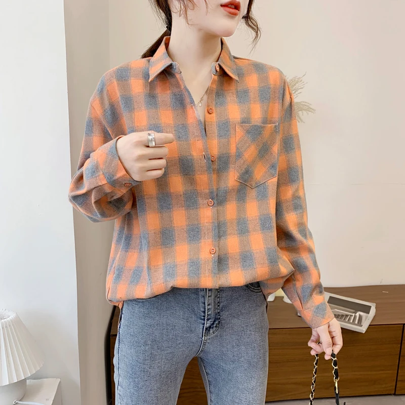 Elegant Design Style Plaid Shirt Women 2023 New Spring Autumn Casual Womens Blouses and Tops Ladies Loose Long Sleeve Blouse