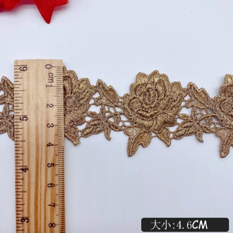 5Yds 4cm Width Golden Rose Flower Style Fabric Diy Lace Wedding Fluorescent Lace Gold Thread Embroidery Lace Accessories Trim