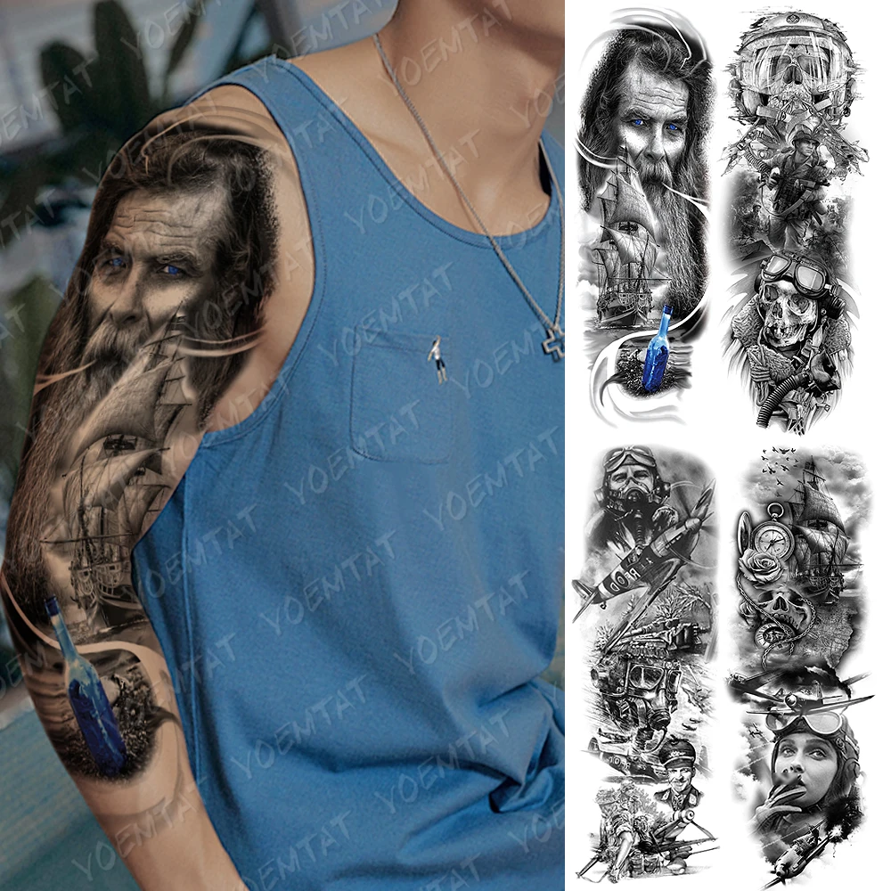 

Large Arm Sleeve Tattoo Drift Bottle Sailing Waterproof Temporary Tatto Sticker Airplane soldier Pilot Body Art Full Fake Tatoo