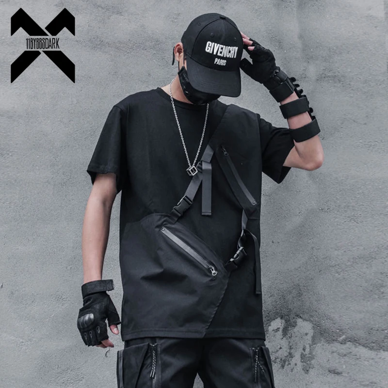 11 BYBB'S DARK Hip Hop Dark T-Shirt Men 2021 Summer Zipper Patchwork Ribbon Design Streetwear Tshirts Cotton Tops Tees WB174