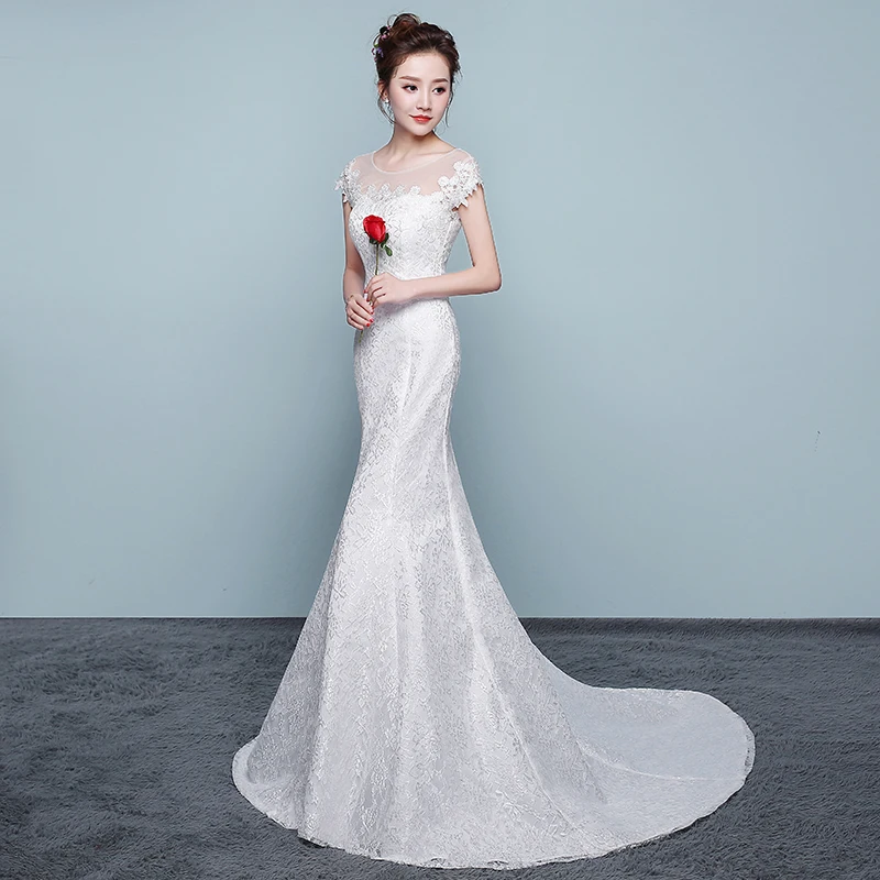 AnXin SH prinzessin braut weiß spitze meerjungfrau hochzeit kleid vintage o neck illusion türkei blume weiß trompete hochzeit kleid