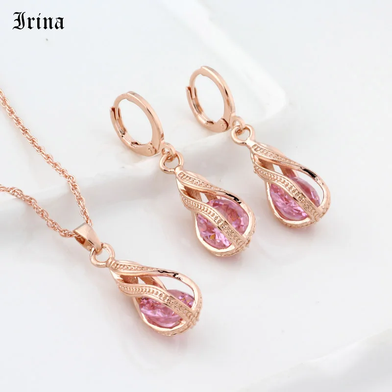New Gift Trendy Rose Gold Color Long Earrings Set For Women Wedding Hollow Irregular Cubic Zircon Jewelry Sets