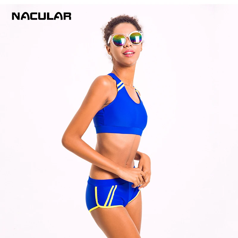 Nacular Swimwear Women Sports Swimsuit Sexy Push Up Bikini Set Running Bathing Suit Beachwear Summer Solid Boxing Fitness