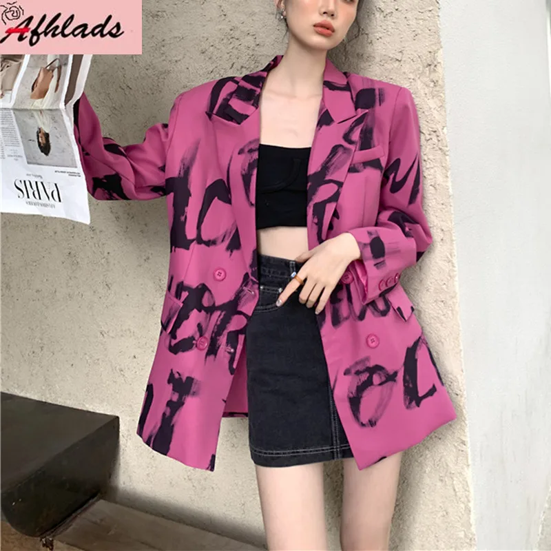 

Letter Printed Notched Collar Jacket Women's Wear Spring And Autumn Long Sleeve Single-Breasted Office Lady Formal Outerwear