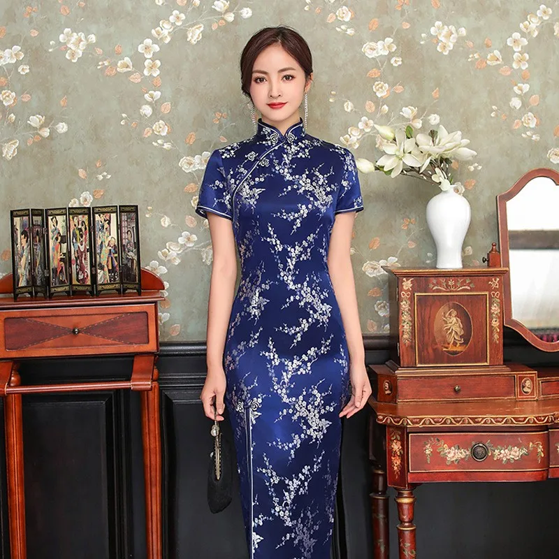 Elegant New Brocade Satin Long Fork Cheongsam Chinese Classic Women\'s Qipao Short Sleeve Sexy Wedding Evening Party Dress 4XL