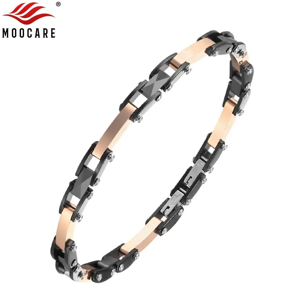 Moocare Plated Rose Gold and Black Ceramic Bracelet Stainless Steel Elegant Female Male Hand Wrist Chain Charm Jewelry