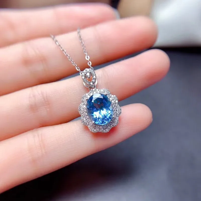 Real 925 Sterling Silver Charm bule sapphire Diamond Pendant   Party Wedding Pendants Necklace For Women Jewelry