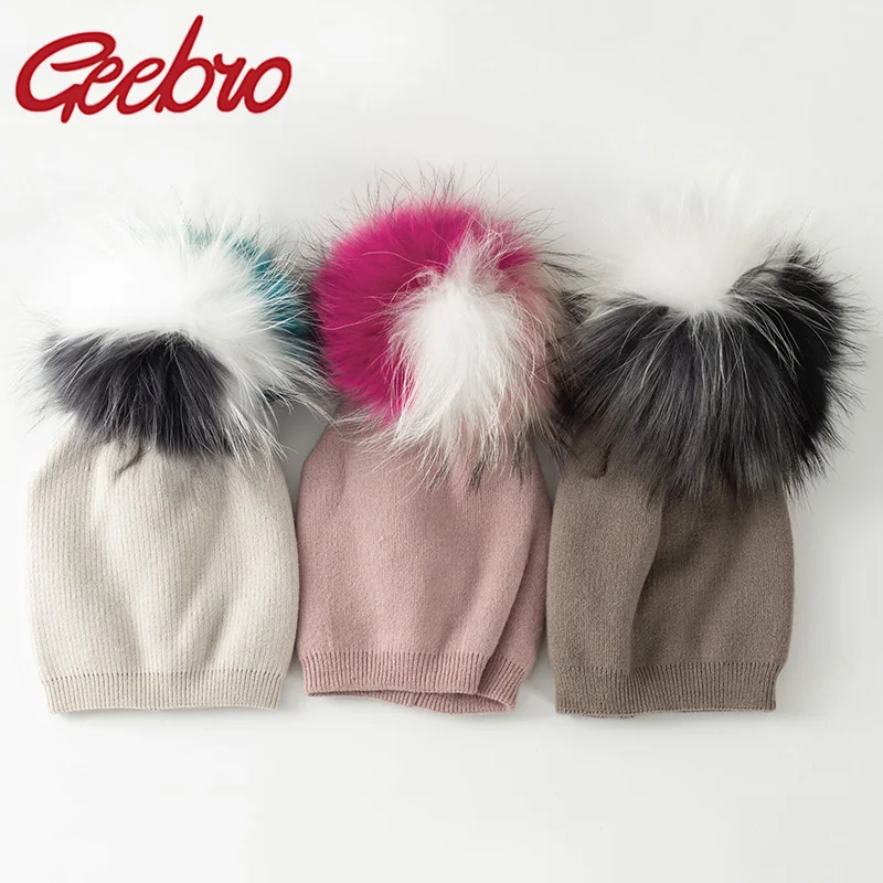 Geebro Children Knit Cashmere Beanie Triple Color Real Raccoon Fur PomPom Hat Girl Warm Candy Color Bone Kids Baby Soft Cap