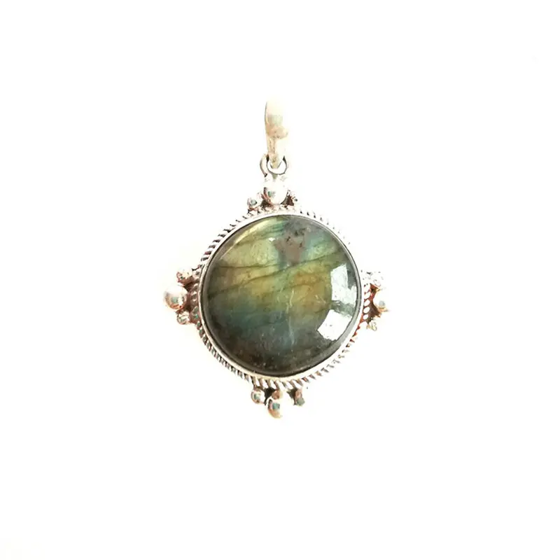 Nepal Hand 925 Silver Jewelry Inlaid Natural Round Labradorite Vintage Pendants for Lady T9074