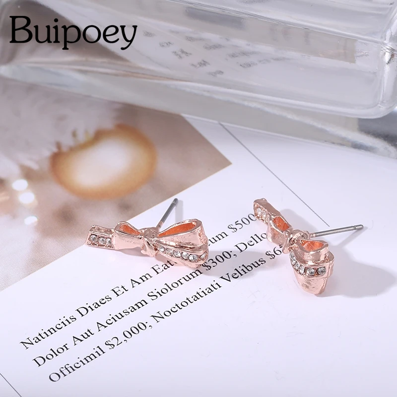 Buipoey Fashion Rose Gold Plated Bow Stud Earring For Women Girls Shiny Crystal Earrings Friends Couple Birthday