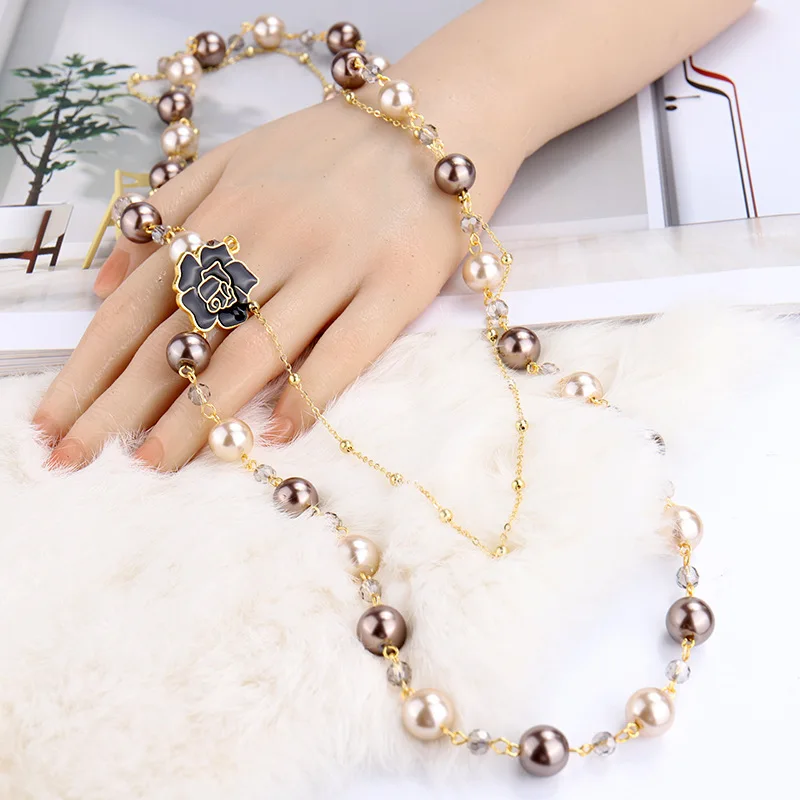 High Quality Women Long Camellia Pendants Layered Pearl Necklace Collares de moda Flower Party Jewelry