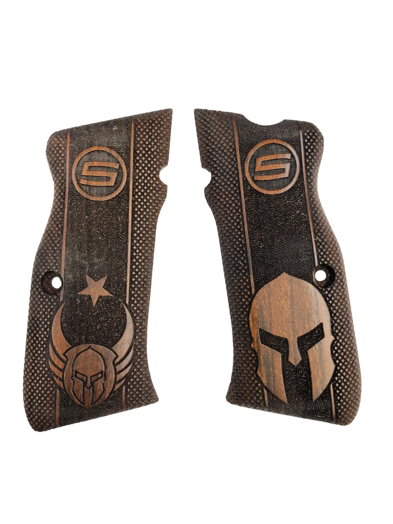 

Unshakable Mega-Kýlýnç Moon Star, Helmet and Unwavering Logo Pattern Laser Cut Wooden Grip