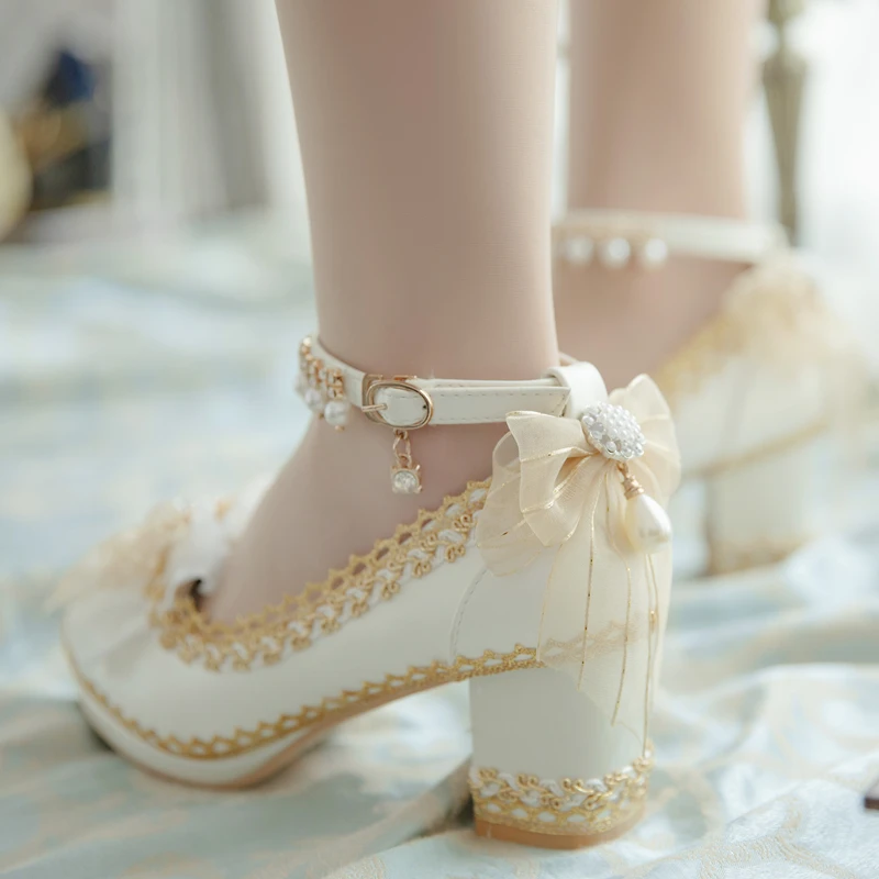 Tea Party Sweet Female Lolita Wedding Shoes Diamond Lace Bow Slingbacks Pumps Pointed Toe Ankle Strap Sandals Japanese Lolita