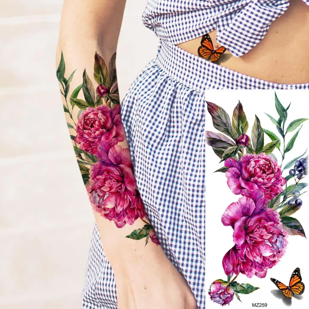 Watercolor Lily Flower Butterfly Temporary Tattoos For Women Adult Girl Peony Rose Anchor Fake Tattoo Arm Waterproof Tatoo Decal