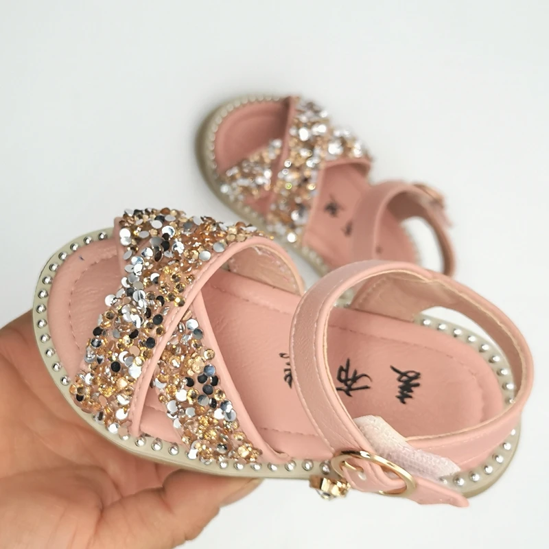 11.5-15.5cm Baby Bling Shoes Girl Baby Sandals Infant Beige Sequin Rhinestone Summer Sandals Kid Girls Princess Party Dress Shoe