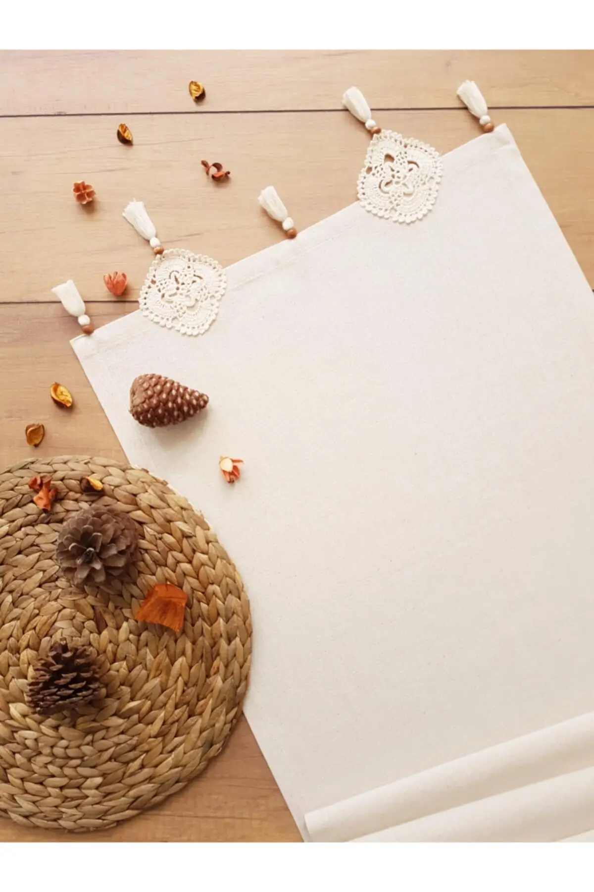 Ruched Solid Linen Runner Naturel White Elegant Washable