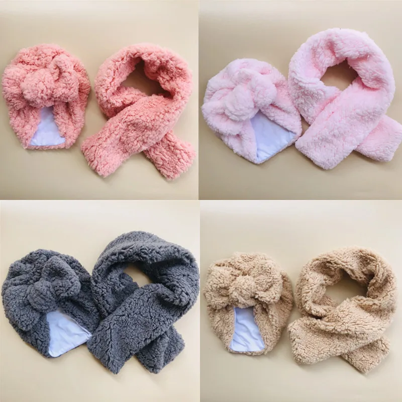 2 Pcs Winter Warm Hat Scarf Set Solid Color Lamb Wool Bowknot Kids Beanie Cap Thicken Baby Bonnet for 1-2 Years Boys Girls