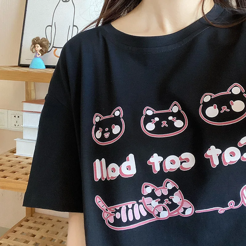 Japanese Summer Fashion T Shirt Girls Casual Cute Cartoon Cat Print Top Women 2021 Short Sleeve Funny Kawaii Basic Graphic Tee