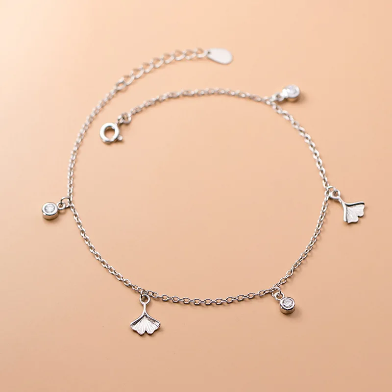 Decoration On Foot Jewelry Silver Anklets For Women Bobby Socks Chain 925 Sterling Silver Apricot Leaf 21CM Adjustable