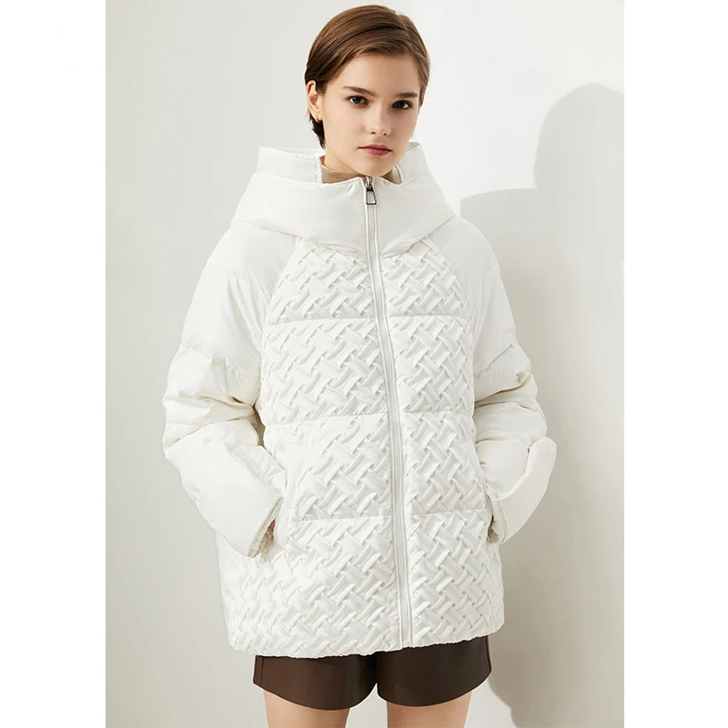 Amii Minimalism 90% White Duck Down Jacket Winter Thicken Hooded Braided Texture with Gloves Down Coat Female Overcoat 12141103