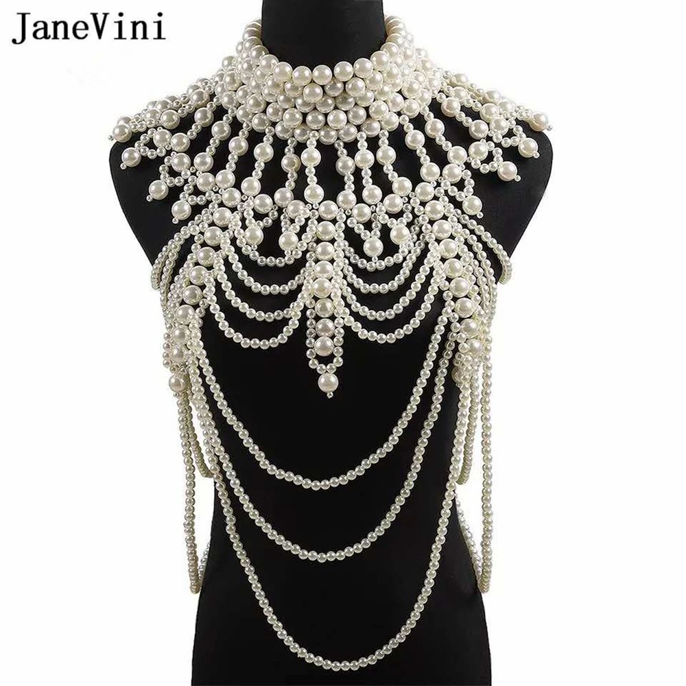 JaneVini Luxury Handmade Pearl Bridal Shoulder Chain Sexy Women Multilayer Large Necklace Wedding Dress Body Jewelry Accessories