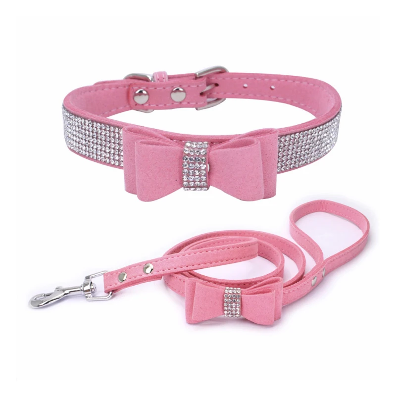 XXS~L Size Glitter Rhinestone Puppy Cat Collars Adjustable Leather Bowknot Dog Collars for Small Medium Dogs Cats Chihuahua Pug