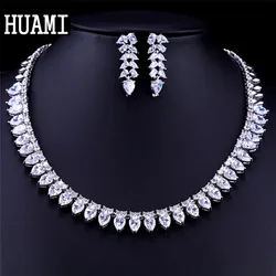 HUAMI Classic Earrings Necklace Sets Bridal Jewelry Wedding Round Chain Leaf Necklace Fashion Joyeria Fina Para Mujer Gift