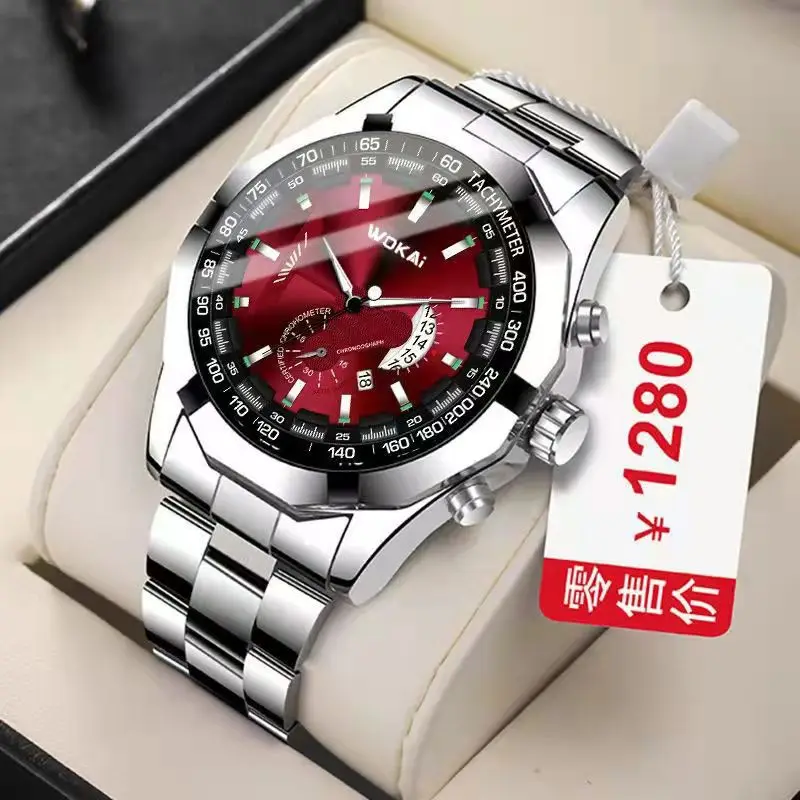 WOKAI high quality men\'s luxury brand steel band calendar quartz watch Sports leisure business let go luminous belt clock