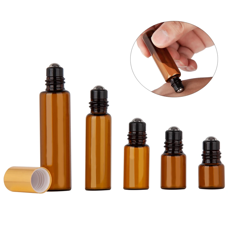 

5pcs 1ML 2ML 3ML 5ML 10ML Amber Roll glass On Roller Bottle with Stainless Steel for Essential Oils Refillable Perfume Bottle