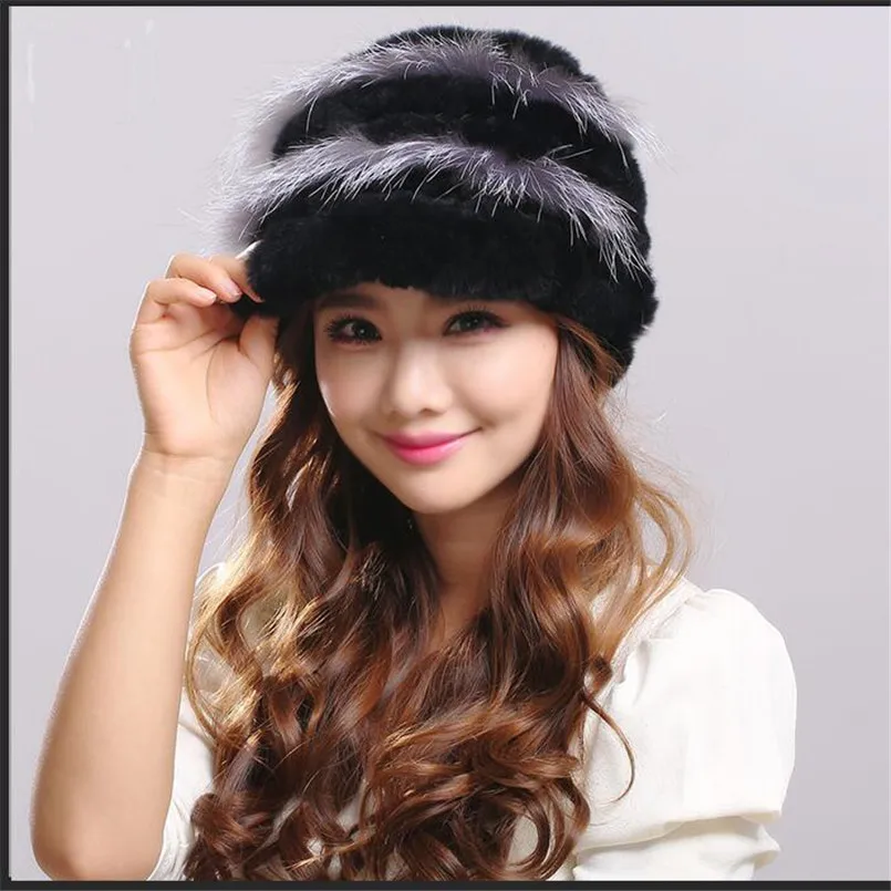 Real Rex Rabbit Fur Hat Autumn Winter Women Baseball Cap with Brim Female Fashion Knitted Warm