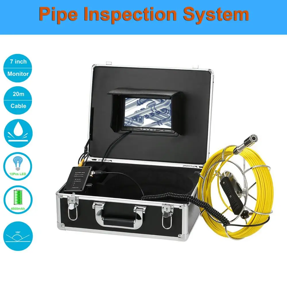 

20m 7inch LCD 1000TVL Pipe Endoscope Video Camera With 12pcs LEDS Waterproof Industrial Drain Pipeline Sewer Inspection System