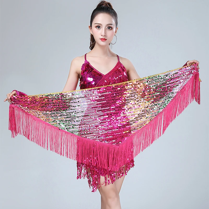 7 colori Accessori per abiti di danza del ventre Cinture lunghe a triangolo con nappa Cintura per fianchi con paillettes per danza del ventre per le donne