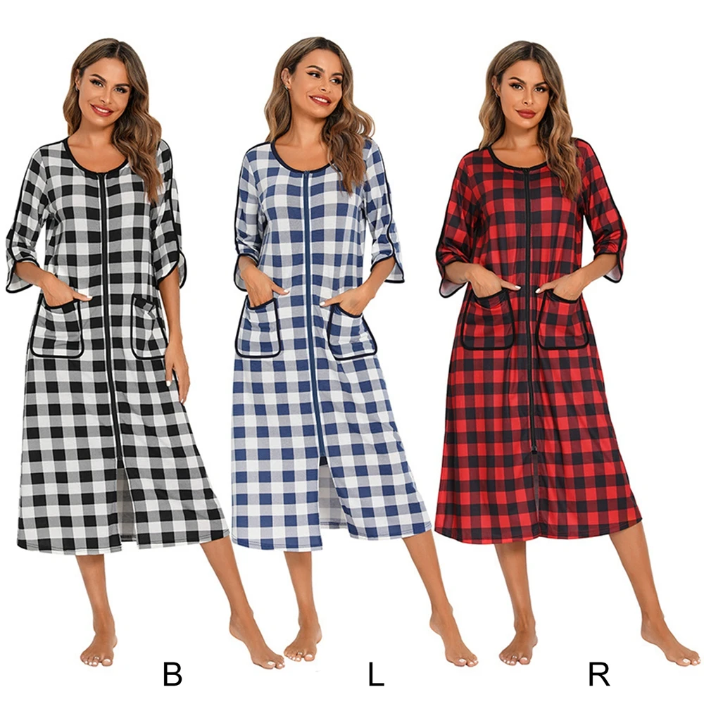 Women Autumn Plaid Zipper Front Robes Long Sleepwear Soft  Nightgown Warm Loungewear Maternity Bathrobe Pajamas